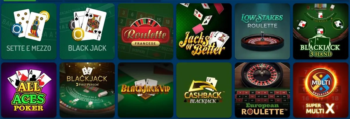 Grid of online casino game tiles showing Sette e Mezzo, several Blackjack variants, Roulette (French and European), Jacks or Better, All Aces Poker, Cashback Blackjack, and a Super Multi X bonus wheel.