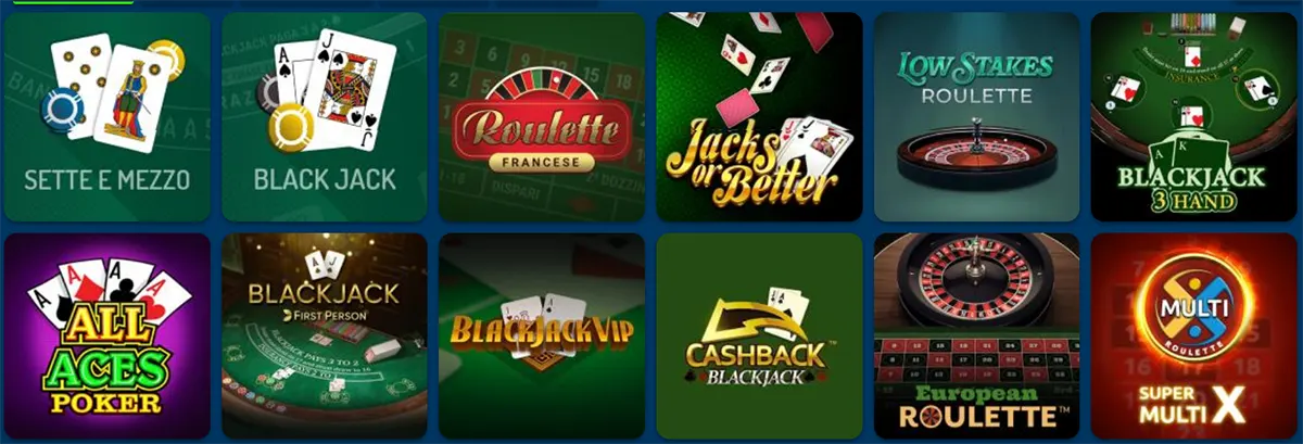 Grid of online casino game tiles showing Sette e Mezzo, several Blackjack variants, Roulette (French and European), Jacks or Better, All Aces Poker, Cashback Blackjack, and a Super Multi X bonus wheel.